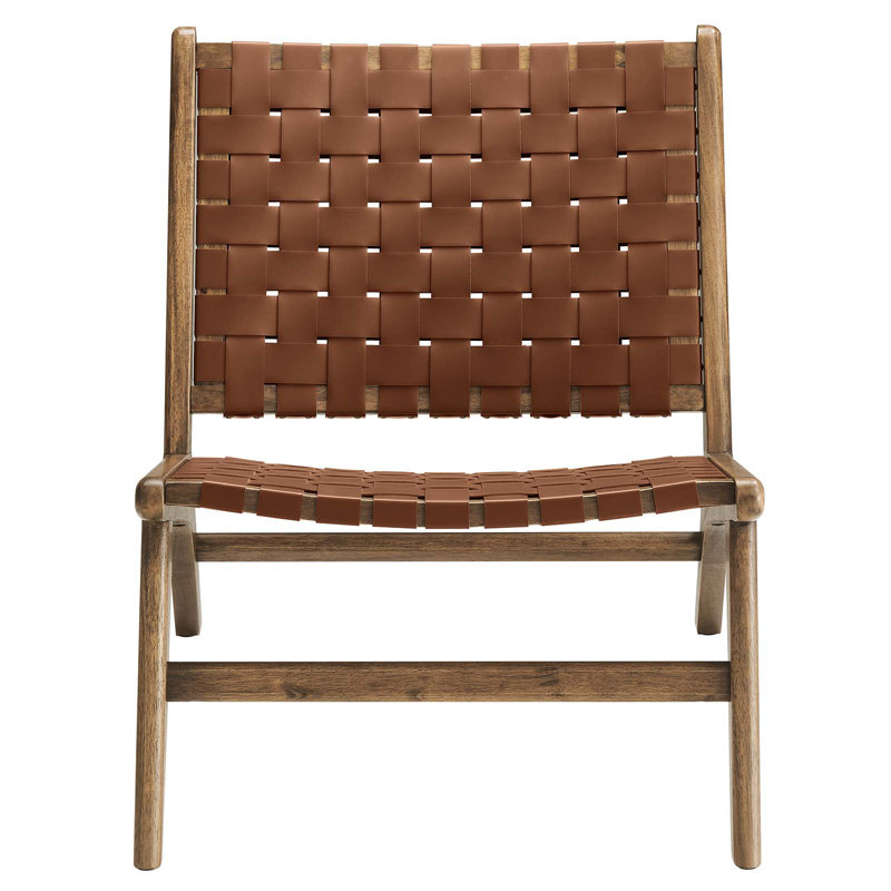 Walnut Brown Woven Faux Leather Wood Accent Chair