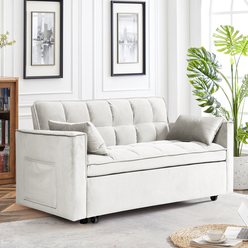 Canapé-lit luxueux en velours 3 en 1 avec éponge haute densité, dossier réglable et assemblage facile, Beige