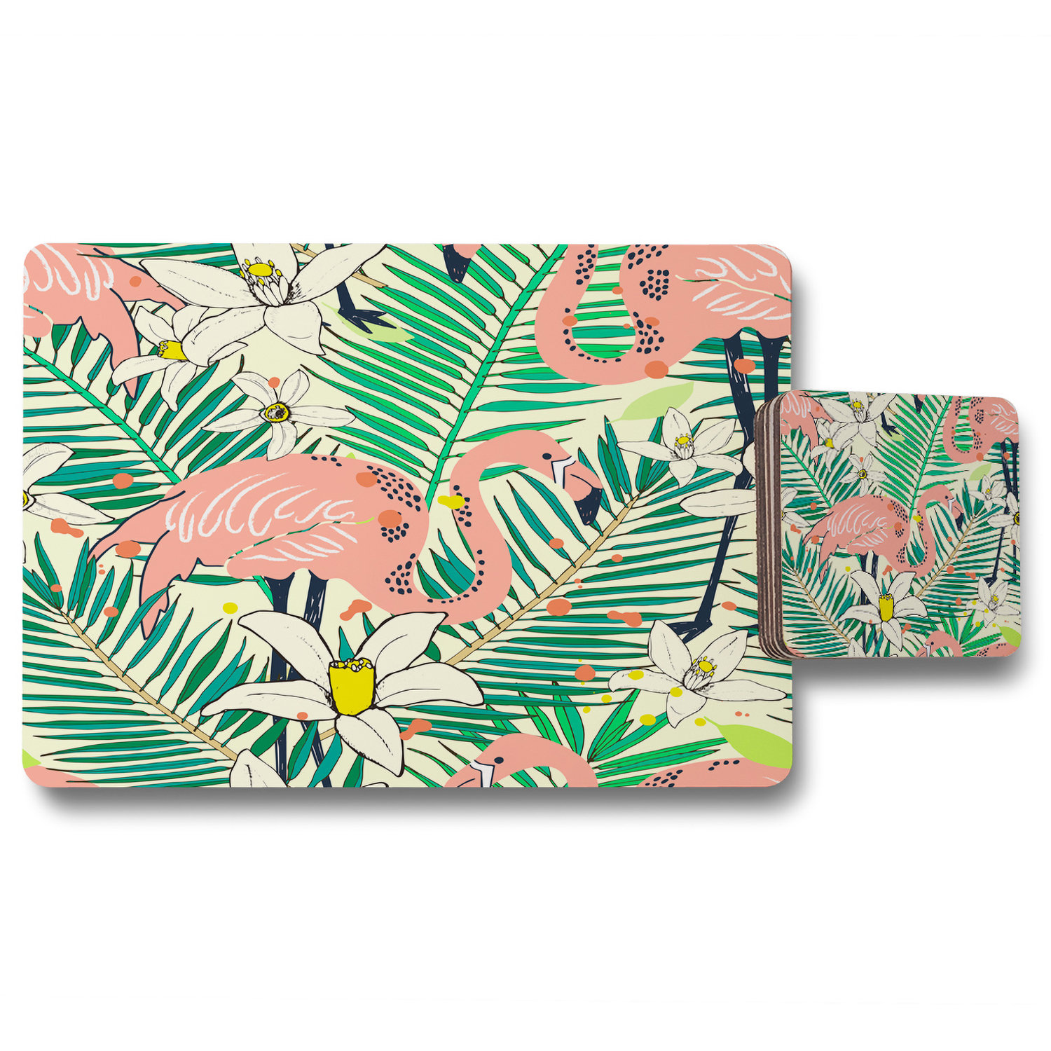Andrew Lee Flamingos with Palm Leaves 12 Piece Placemat and Coaster Set