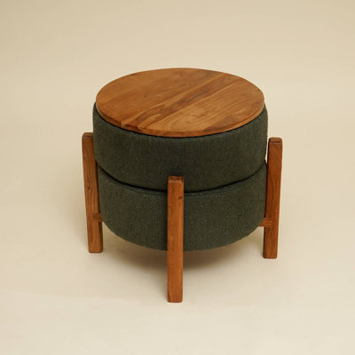 Modern Boucle Upholstered Ottoman | Wooden Base