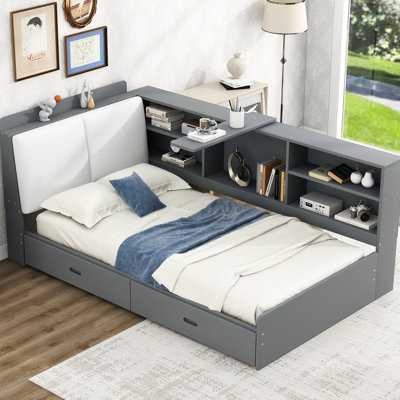 Lit plateforme simple moderne avec tête de lit à rangement, tablettes, 2 tiroirs, rangement pour tête de lit en bois gris, robustesse