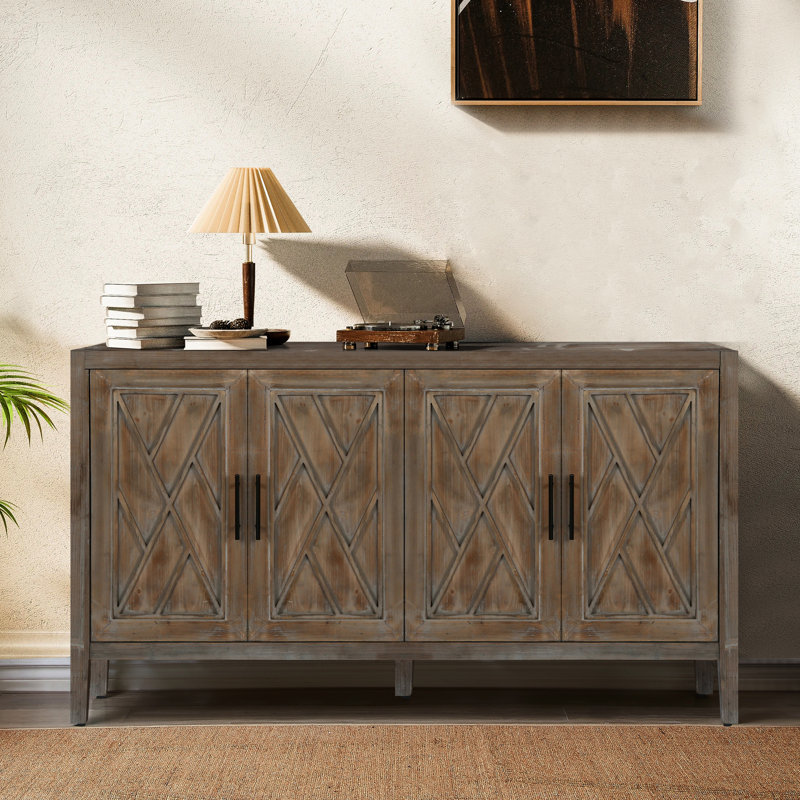 Armoire d'appoint 60 pouces avec 4 portes - Table d'appoint de salon moderne brun et tablette réglable, Brun antique