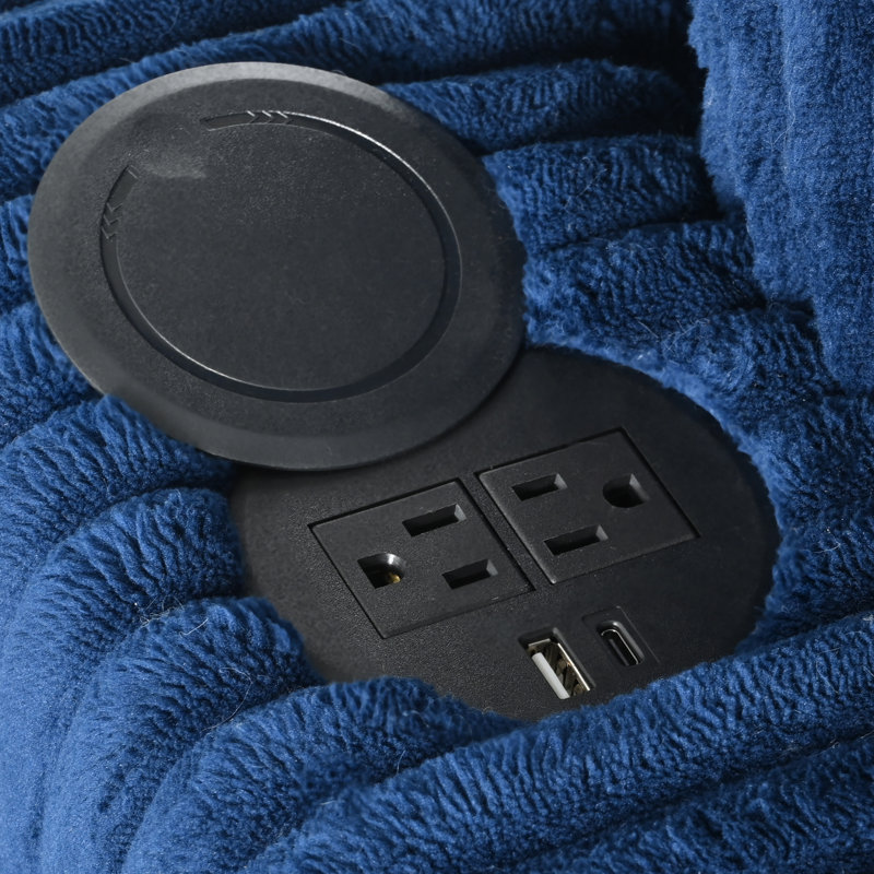 Canapé-lit 60 po en velours côtelé avec ports USB et porte-gobelets, Bleu
