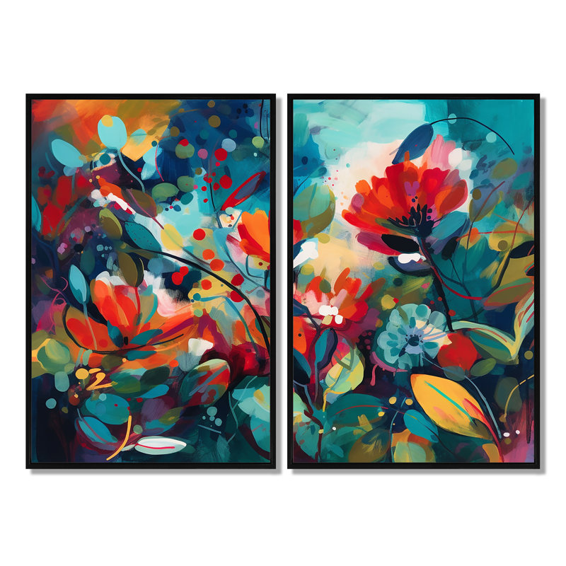 «Red Vibrant Garden Symphony I», art mural floral grand, 36" H x 48" W, Impression encadrée flottante, Black