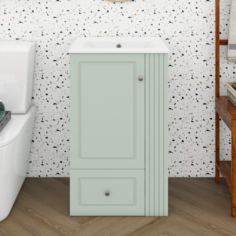Meuble-lavabo en bois 20 po avec lavabo, armoire autoportante, tiroir à fermeture en douceur, tablettes latérales ouvertes avec barre à serviettes en bois de pin