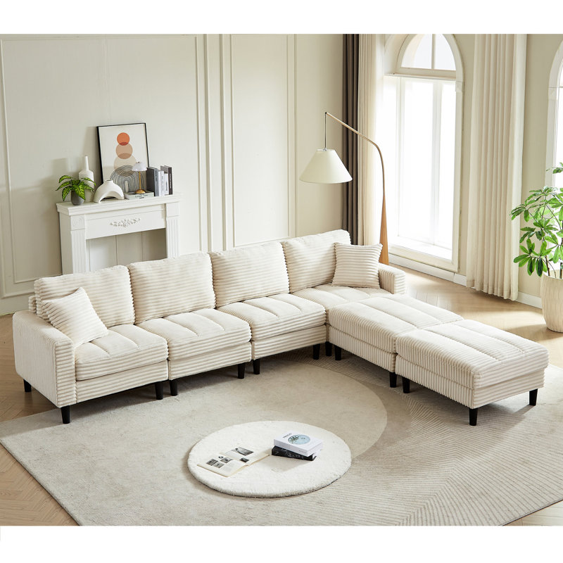 Tissu en velours côtelé avec coussins, 2 repose-pieds pour le salon, canapé modulaire en forme de U beige et pieds de canapé de chambre surdimensionnés de 122,5 pouces