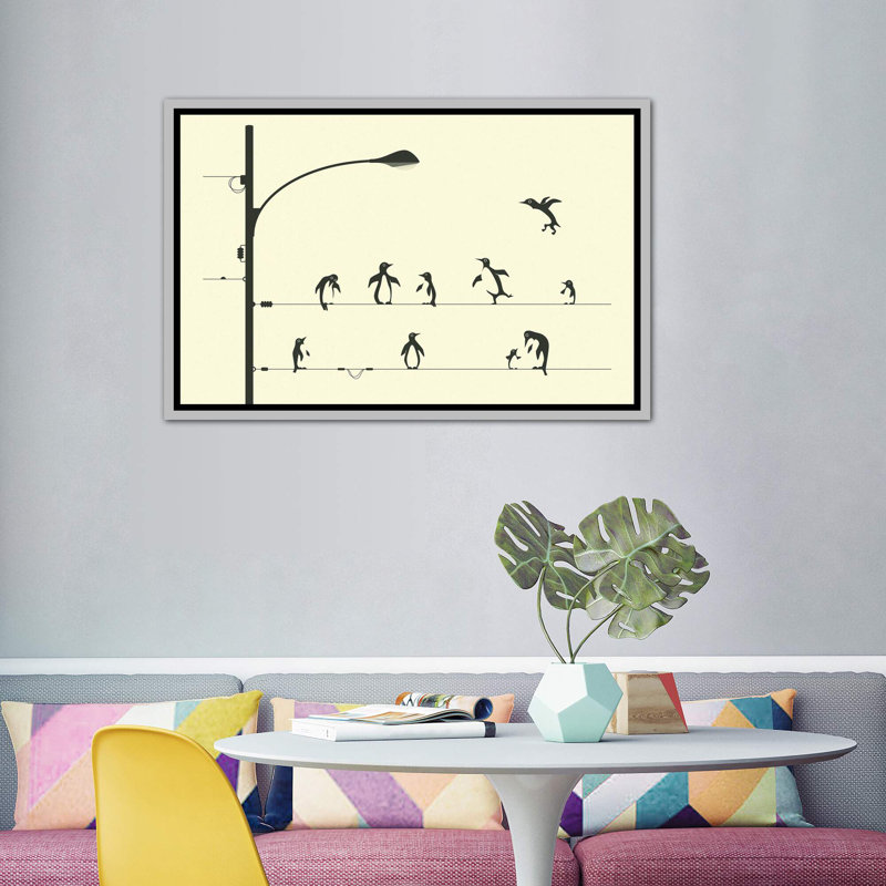«Penguins on a Wire», art encadré, H 40 po x l 60 po x P 1,5 po, Toile avec cadre argenté