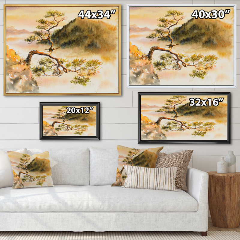 Pin sur un sommet de montagne - Peinture sur toile, H 16 po x l 32 po, Cadre flottant blanc