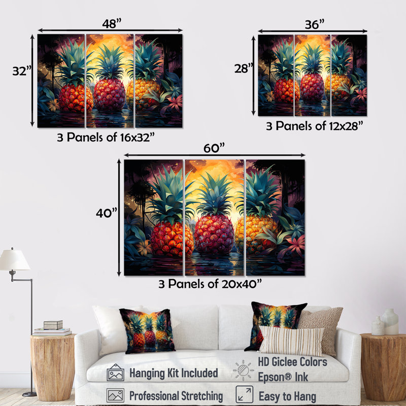 Ensemble de toiles murales ananas, Toile tendue, H 32 po x l 48 po x P 1 po