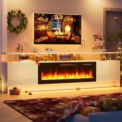 Meuble télé avec foyer, centre de divertissement à DEL blanc avec prise de courant, console à 2 niveaux et rangement pour téléviseur de 80 po ou moins