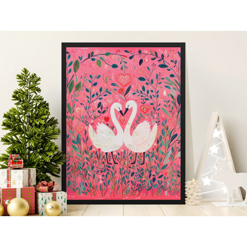 Swan Heart Wall Art, Love Birds Print, Pink Floral Art, Romantic Home Decor, Framed Art, Available in Sizes