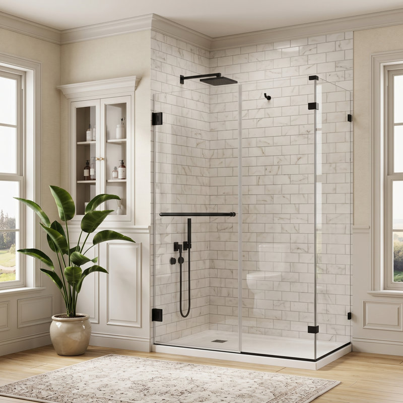 Porte de douche en verre pivotante sans cadre de 60 po x P 32 po x H 74 po, verre trempé transparent de 3/8 po (10 mm), porte de douche pivotante à charnière avec porte-serviettes et crochet, revêtement double face, noir