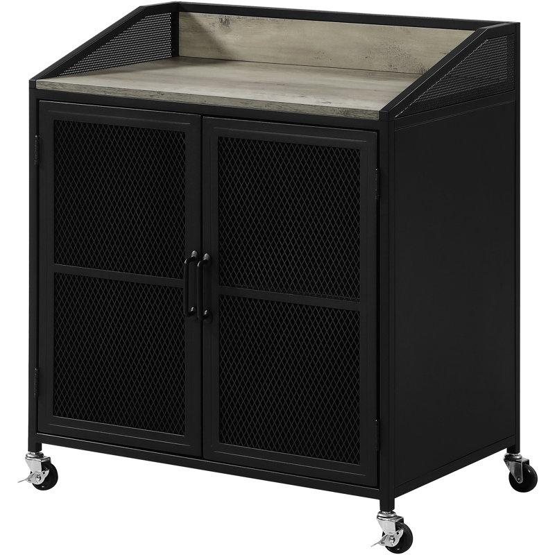 Armoire à vin 2 portes pour salle à manger avec plateau gris délavé, style rustique et design à mobilité réduite, finition noir sablé, plateau sans effort