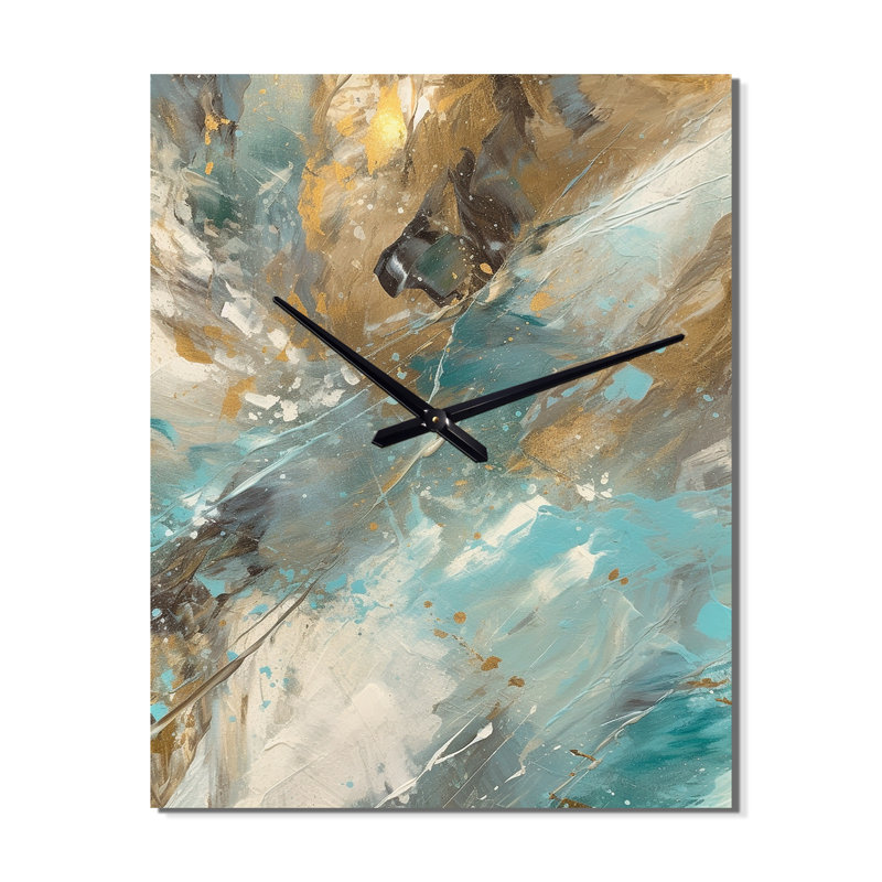 Golden Hour In Turquoise Waves I - Peinture abstraite horloge murale moderne, H 32 po x l 24 po x P 1 po