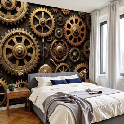 Papier peint adhésif auto-adhésif à engrenages en métal Steampunk Mécanisme industriel bronze cuivre H 100 po x l 144 po Papier mural amovible en PVC auto-adhésif