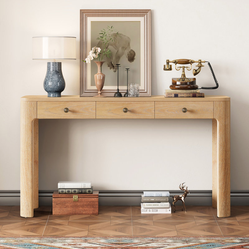 Console transitionnelle avec 3 tiroirs de rangement et assemblage simple, Chêne clair