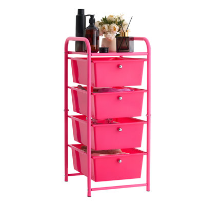 Chariot roulant avec tiroirs, organisateur de rangement à 4 niveaux, chariot mobile avec cadre en acier robuste, roulettes lisses et 2 roulettes verrouillables, idéal pour le bureau, la salle de classe, les fournitures d'artisanat, le garage, les articles de nettoyage essentiels, rose rouge