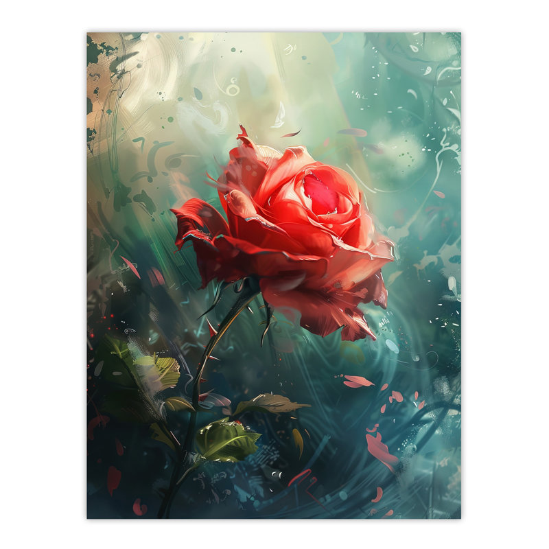 Single Rose Flower Morning Mist Painting Wall Art Print