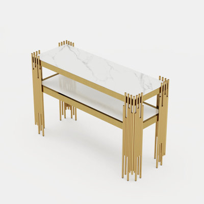 47.2" Modern White Faux Marble Narrow Console Table With Storage Shelf And 4 Gold Legs