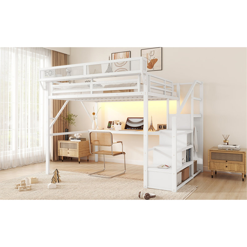Grand lit mezzanine avec bureau et station de charge, grand lit mezzanine en métal avec escaliers et lumière pour enfants, blanc