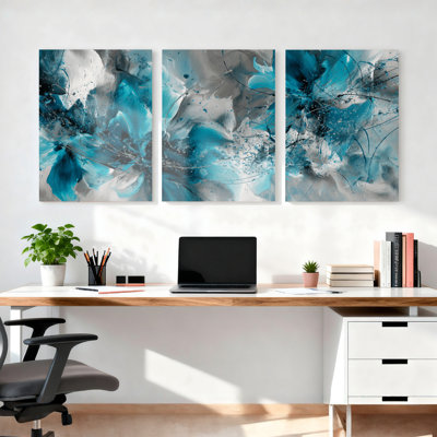 Ensemble de 3 tableaux abstraits floraux bleus et gris sur toile tendue