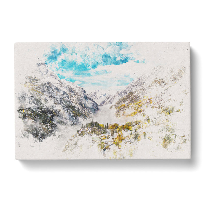 Mountain View In France Watercolour - Wrapped Canvas Print, 60cm H x 91cm W x 3cm D