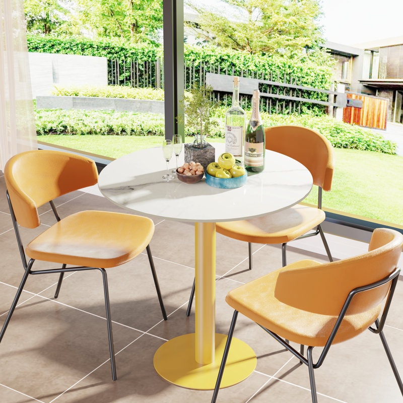 Whitnash Round Marble Top Metal Base Dining Table, 78H x 76L x 76cmW, Gold