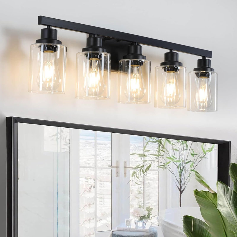 Matte Black 5-Light Bathroom Vanity Fixture with Glass Shades