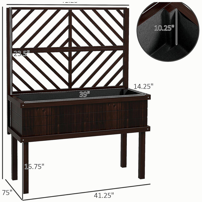 Raised Garden Bed,Elevated Wood Planter with Trellis for Climbing Plants,with Legs and Drainage Holes, Brown/Black