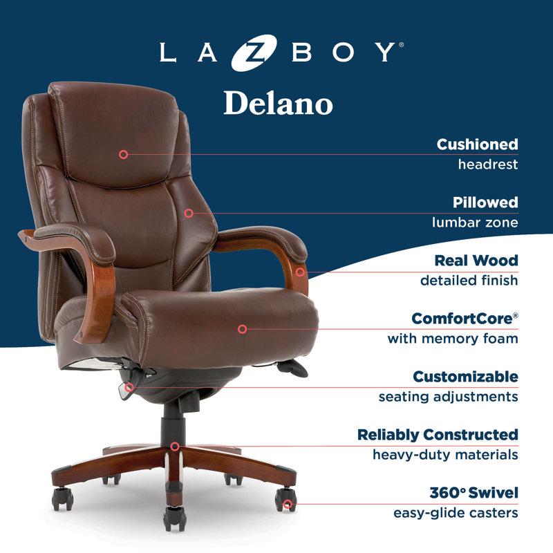 Grand et grand fauteuil de bureau La-Z-Boy Delano, dossier lombaire ergonomique à dossier moyen avec coussin pour le corps, coussin en mousse à mémoire de forme ComfortCore®, accoudoirs en bois d'acajou et base pivotante, cuir reconstitué