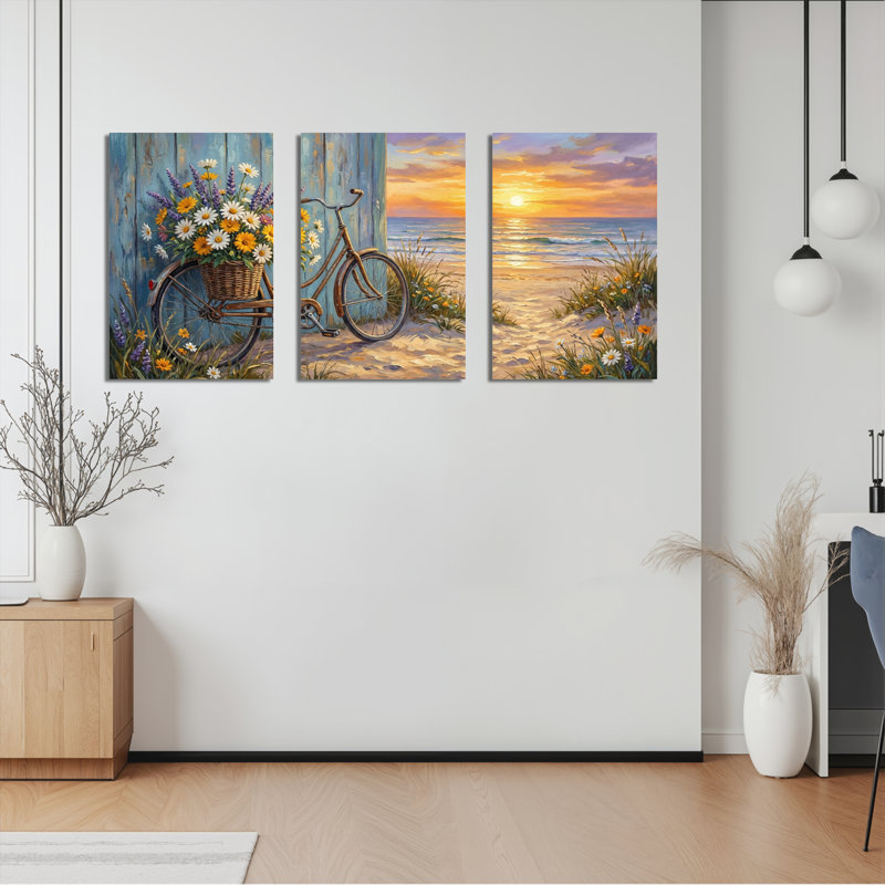 Ensemble de 3 tableaux sur toile représentant un vélo avec panier de fleurs et un coucher de soleil sur la plage., 1218