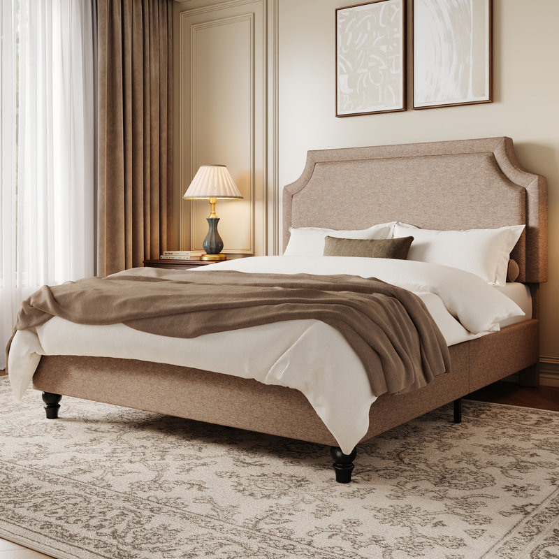 Lit tapissier en chenille moderne avec tête de lit réglable et pieds en bois massif, Lit double, Avoine