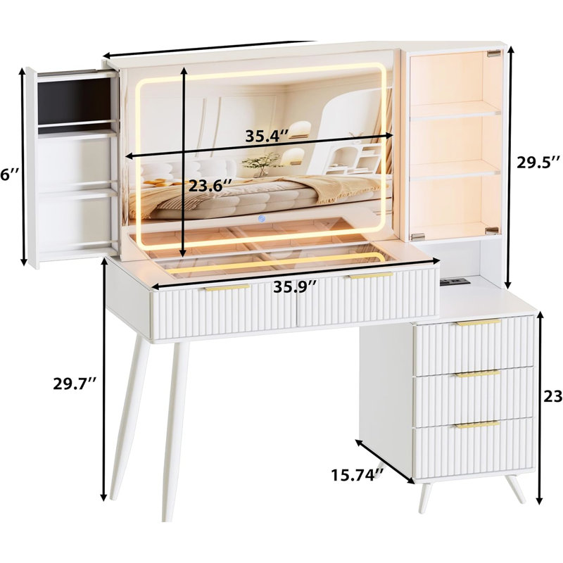Coiffeuse pour femmes avec miroir et lumières, plateau en verre, tablettes de rangement ouvertes, 11 tiroirs - bureau de coiffeuse blanc, panneau de maquillage cannelé, luminosité réglable, rangement, pour femmes