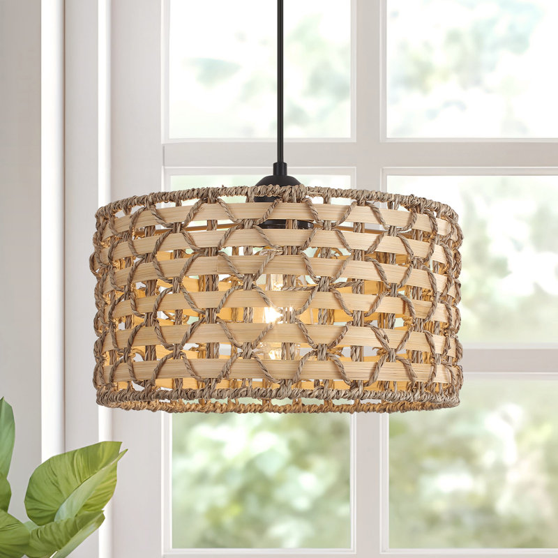 Luminaire suspendu tambour en rotin naturel tissé à la main à 1 lumière Luebbert
