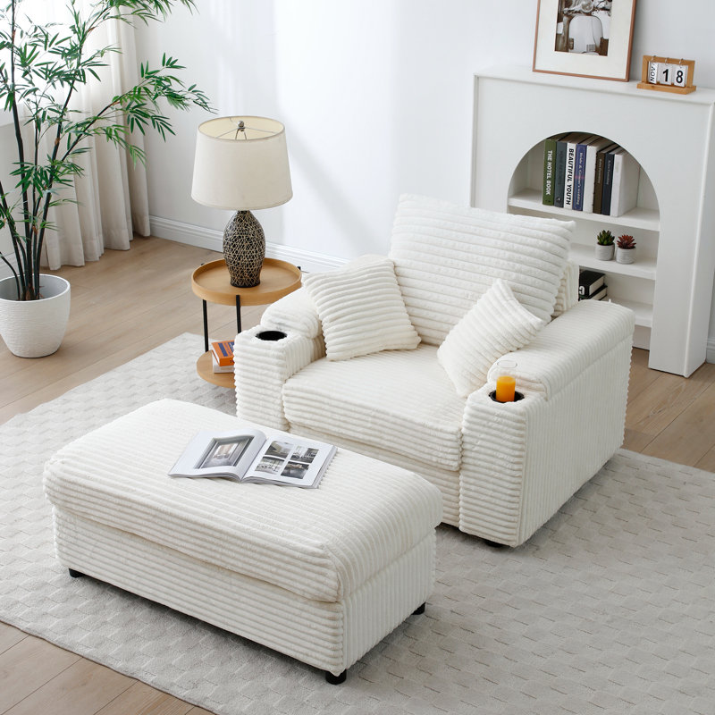 Chaise rembourrée avec repose-pieds Abegale, Velours côtelé beige