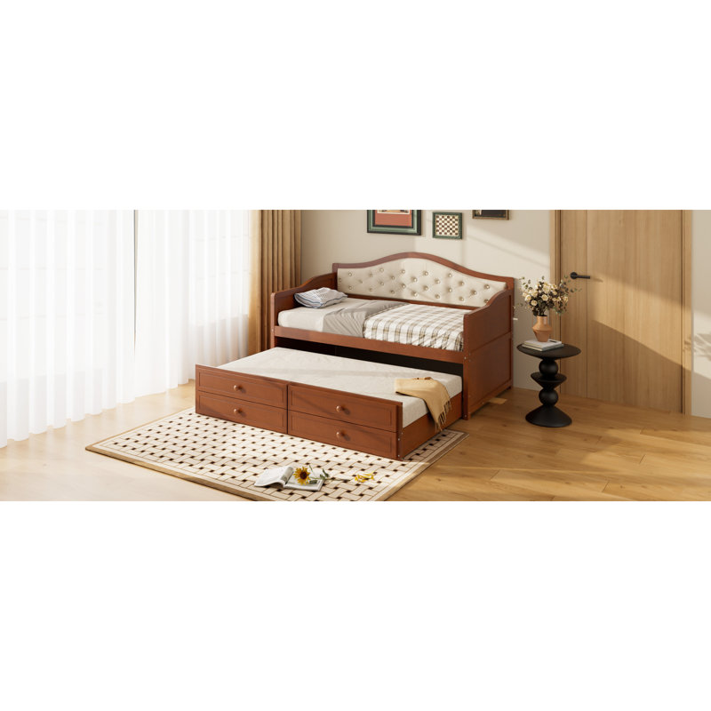 Twin Daybed With Trundle, Twin Size Daybed With 2 Storage Drawers, Wooden Sofa Bed With Upholstered Button Tufted Backrest For Living Room, Bedroom, Guest Room,Walnut