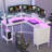 L Shaped Desk with LED Lights & Power Outlets, Computer Desk with Full Monitor Shelf-1340354623