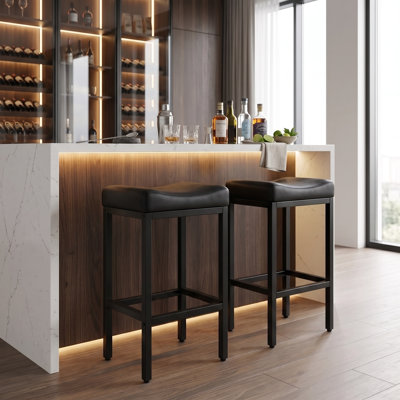 Bar Stools Set Of 2, 30.25" Backless Counter Height Bar Stools With Soft Leather Seat And With Footrest, 400 LB Heavy Duty Padded Saddle Barstool Chair For Modern Kitchen Island Counter