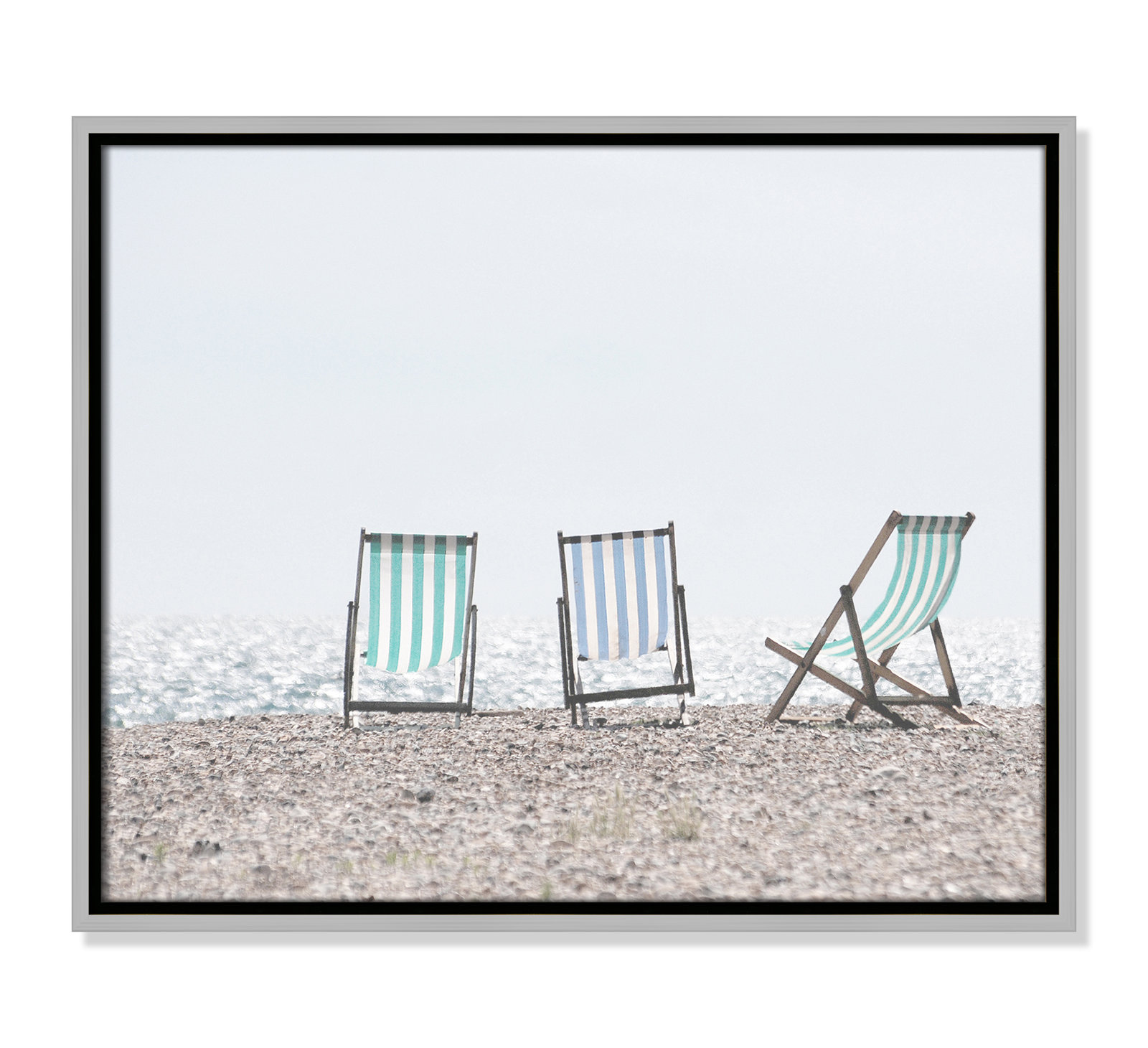 Beach Chairs - Photograph Print, Black Wood Grain Framed Paper, 17" H x 23" W x 0.75" D