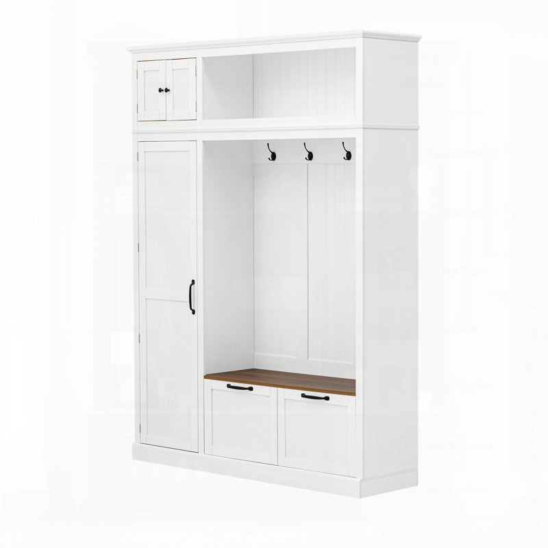 3-In-1 Hall Tree With Overhead Storage, Adjustable Shelves, Heavy-Duty Hooks, Spacious Drawers, And Contrasting Seat Bench For Entryway Organization