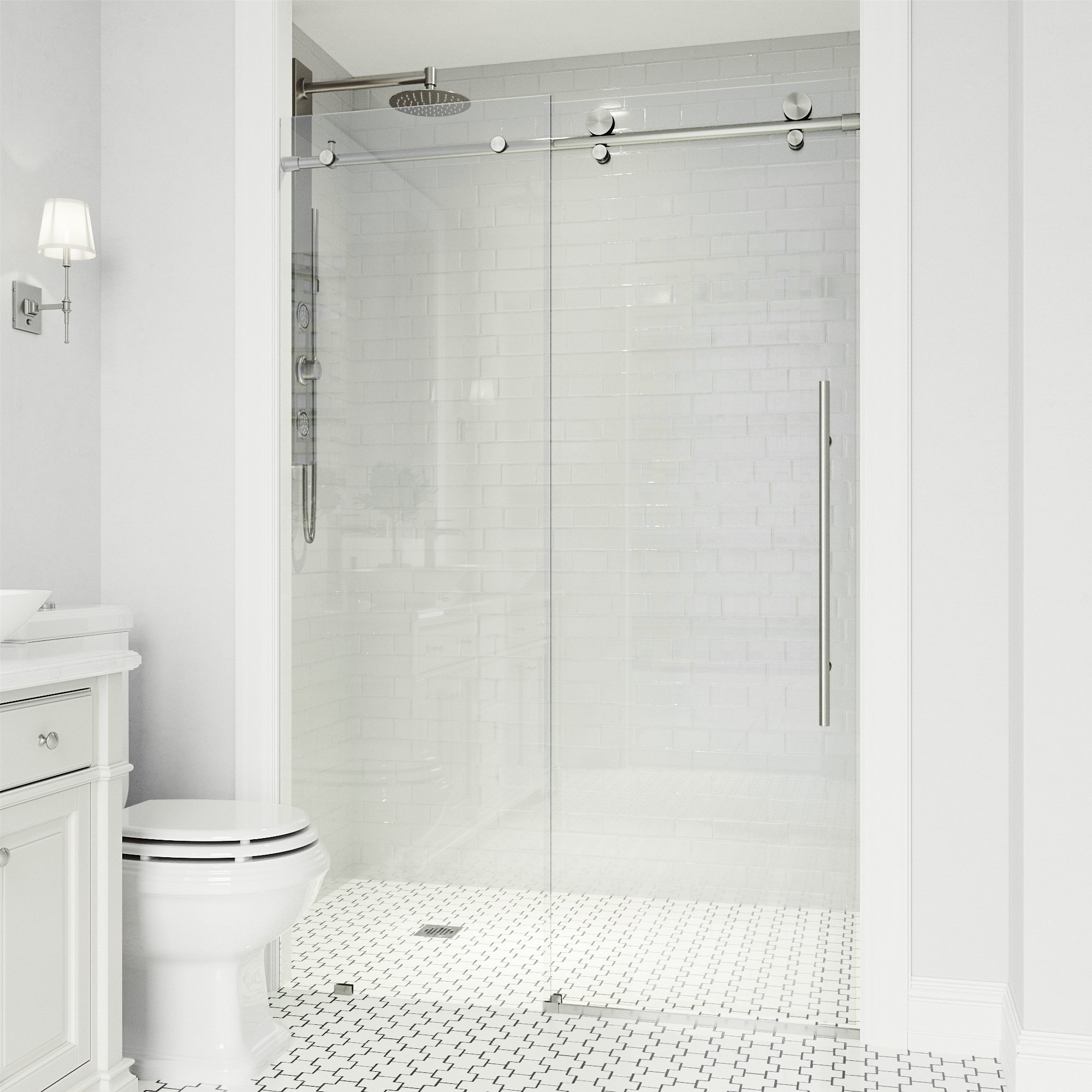Elan E-Class 52-56" W x 76" H Sliding Frameless Shower Door with 3/8" Clear Glass, Stainless Steel
