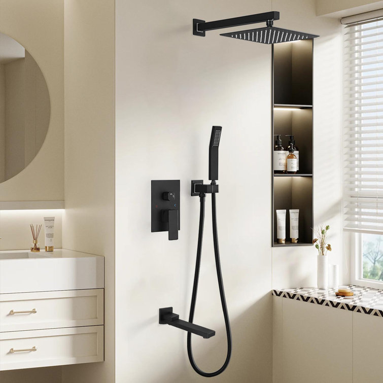 1-Spray Patterns 9.8 In. Dual Fixed And Handheld Shower Head With Bathtub Faucet 1.8 GPM In Matte Black