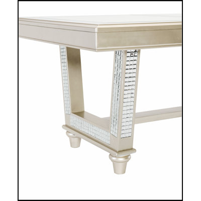 Glamorous Trestle Dining Table with Glass Insert Top and Decorative Extension Leaf in Champagne Finish