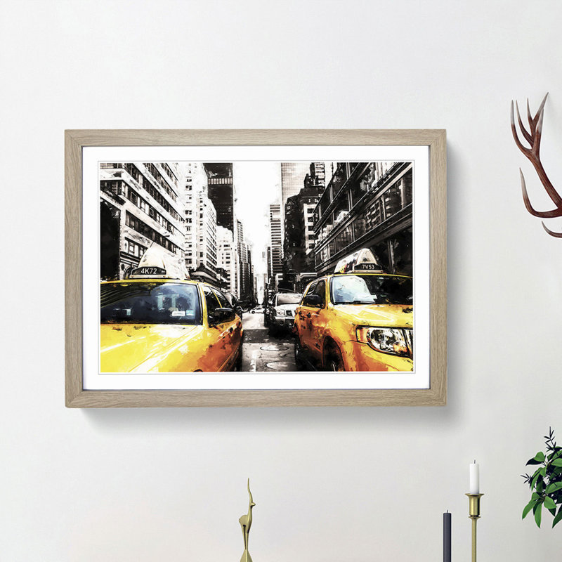 Two Yellow Taxi Cabs in New York in Abstract - Picture Frame Painting Print, 27cm H x 36cm W x 2cm D, Oak Framed
