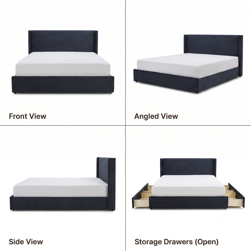 Modern Wingback Upholstered Platform Bed, Black, King