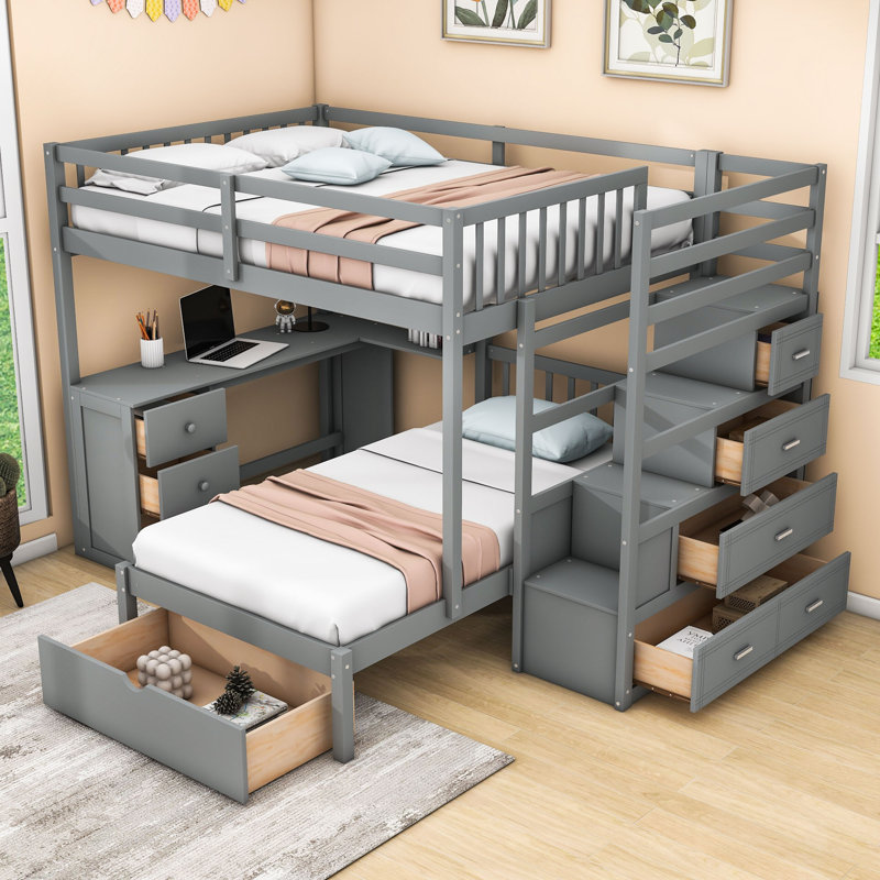 Full Over Twin Wood 8 Drawers Bunk Bed With Built-In-Desk And Shelves, Gray