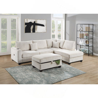 Ivory Color 3Pc Sectional Set Corduroy Upholstered LAF Sofa RAF Chaise Ottoman L-Sectional Living Room Furniture