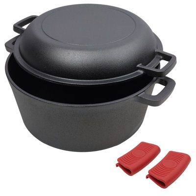 Poêle en fonte pré-assaisonnée 2-en-1 et four à cuisson hollandaise polyvalente, fonte durable, surface pré-assaisonnée, va au four, couvre-poignées en silicone