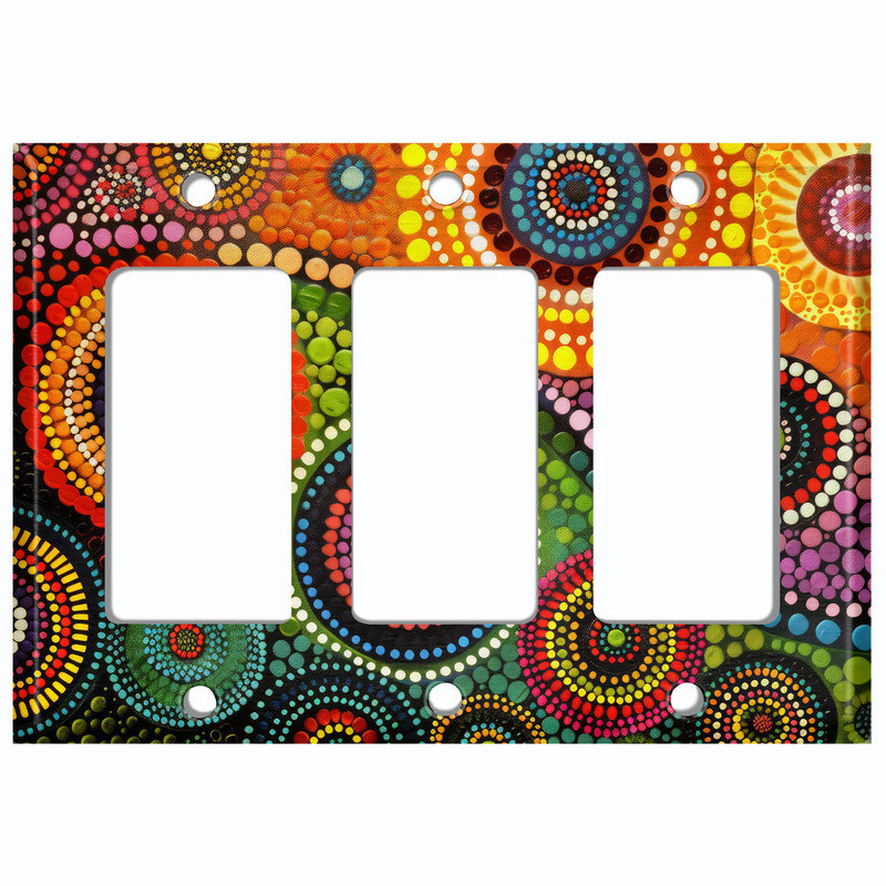 Metal Light Switch Plate Cover; US Standard Size 2 Gang Toggle - Aboriginal Dot Art, #7 Triple GFI / Rocker