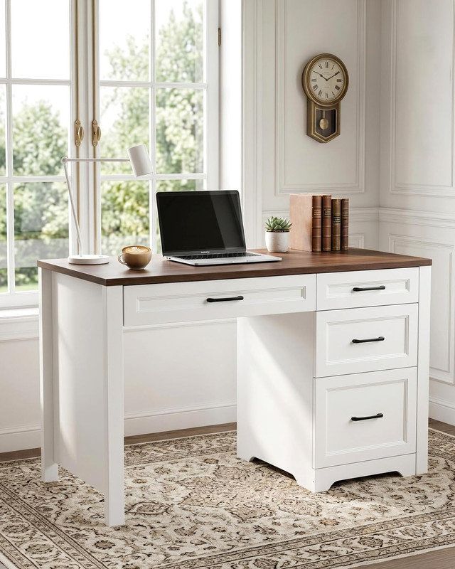 Bureau de direction brun Farmhouse - Classeur et tiroirs, petit bureau à domicile peu encombrant pour la chambre à coucher